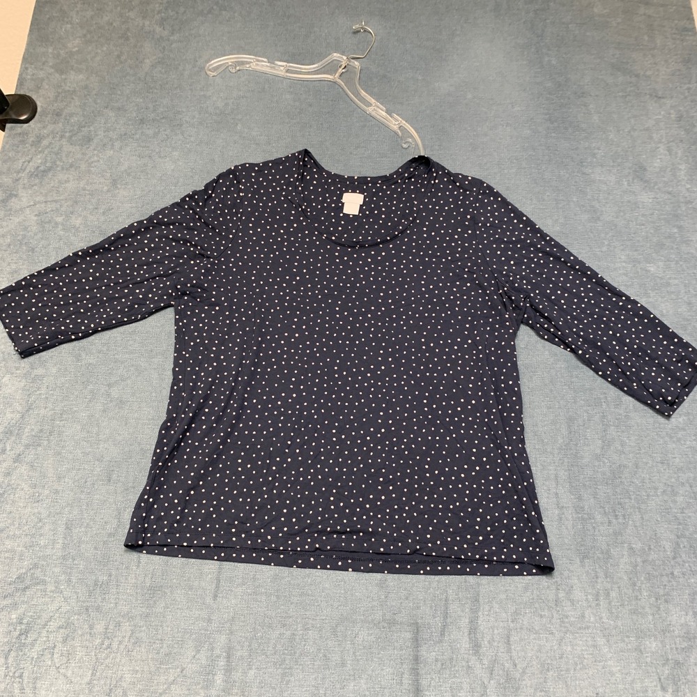 Chicos Blouse Top Womens 3 Navy Blue Polka Dot Long Sleeve Round Neck Pullover